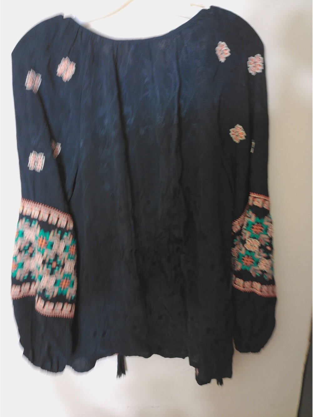 Sundance Womens Embroidered Tunic Blouse Size L Black Boho Peasant Tassel Tie - Picture 4 of 9